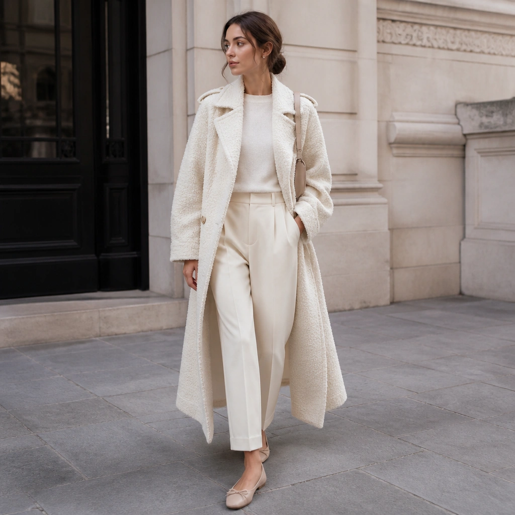 A bouclé-textured long trench in off-white over cream tailored trousers; nude ballet flats and a small shoulder bag complete the look.