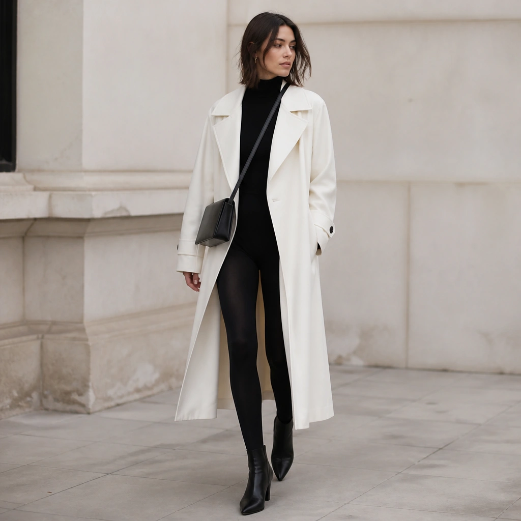 A bright white long trench over a black bodysuit with black tights; the outfit finishes with sleek black ankle boots and a minimal structured crossbody bag.