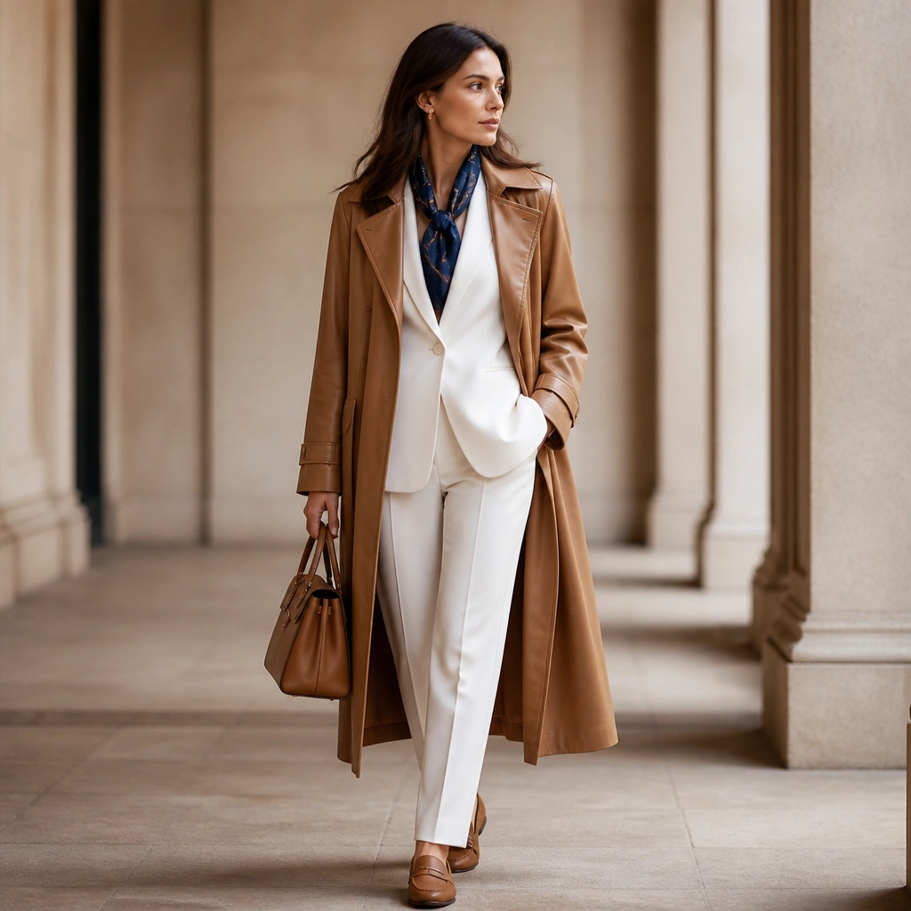 A tan leather trench over a white straight-leg pant suit with a navy silk scarf tied at the neck; tan loafers and a structured bag complete the look.