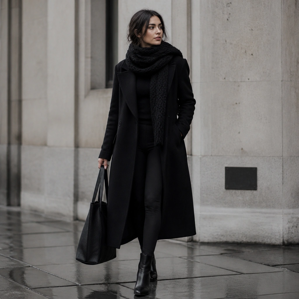 A fully black outfit with a long black trench coat over matte black leggings, a black turtleneck, and a chunky oversized scarf in black with subtle texture; black ankle boots and a tote bag.