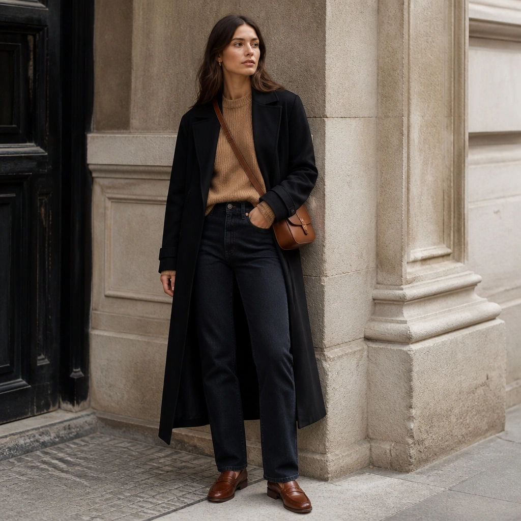 A long black trench coat worn open over a camel knit sweater and dark wash straight-leg jeans, with cognac leather loafers and a tan crossbody bag.