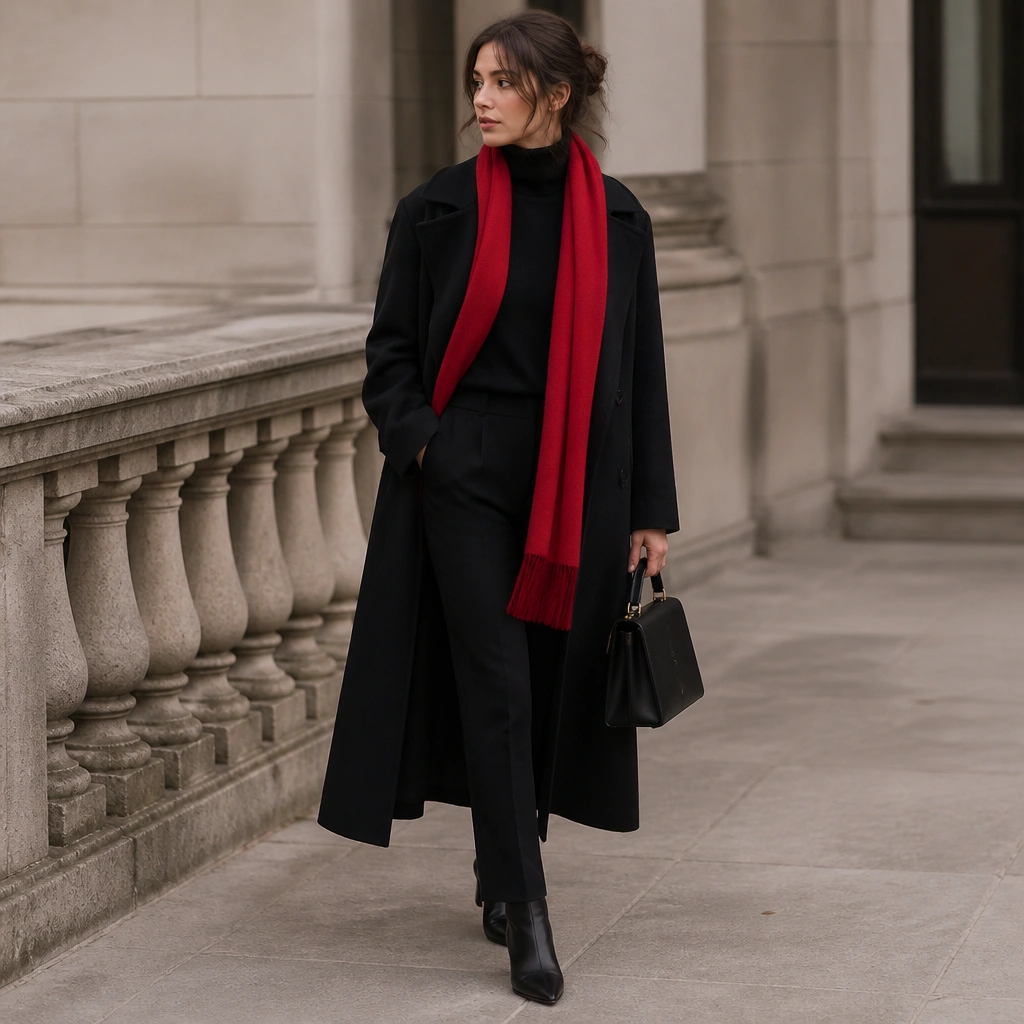 A long black trench coat with a vivid red scarf draped at the neck, black turtleneck underneath, black straight pants, and black pointed-toe boots; a black structured handbag.