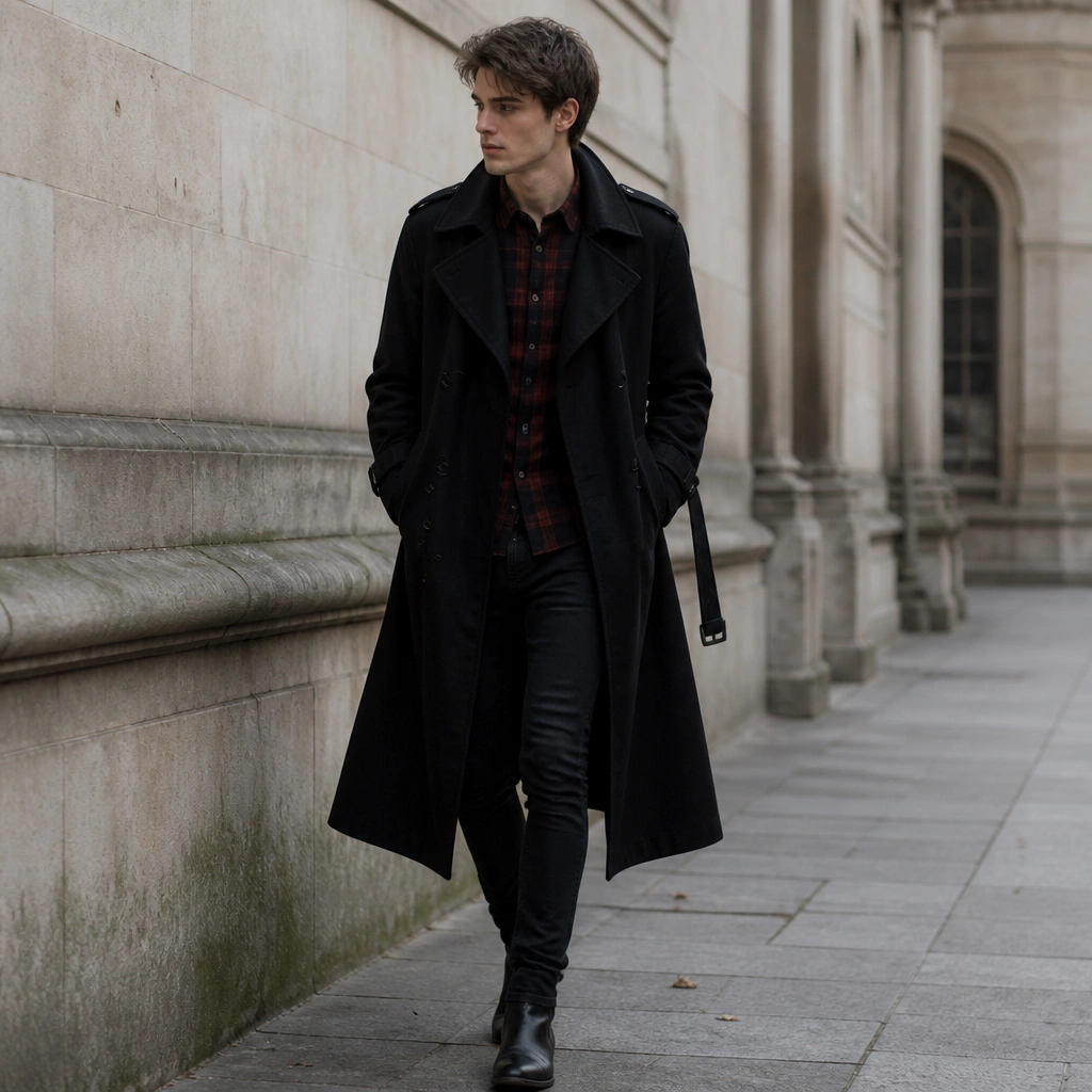 A long black trench coat worn over a red-and-black plaid button-up, black skinny jeans, and black ankle boots; a belt is visible on the coat.