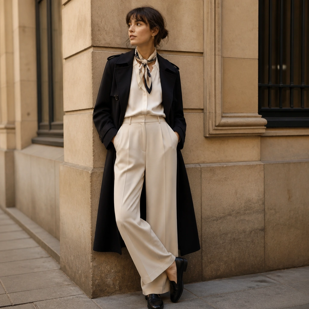 A long black trench coat over a cream blouse tucked into high-waisted wide-leg trousers, with black loafers and a small cream-and-black patterned scarf.