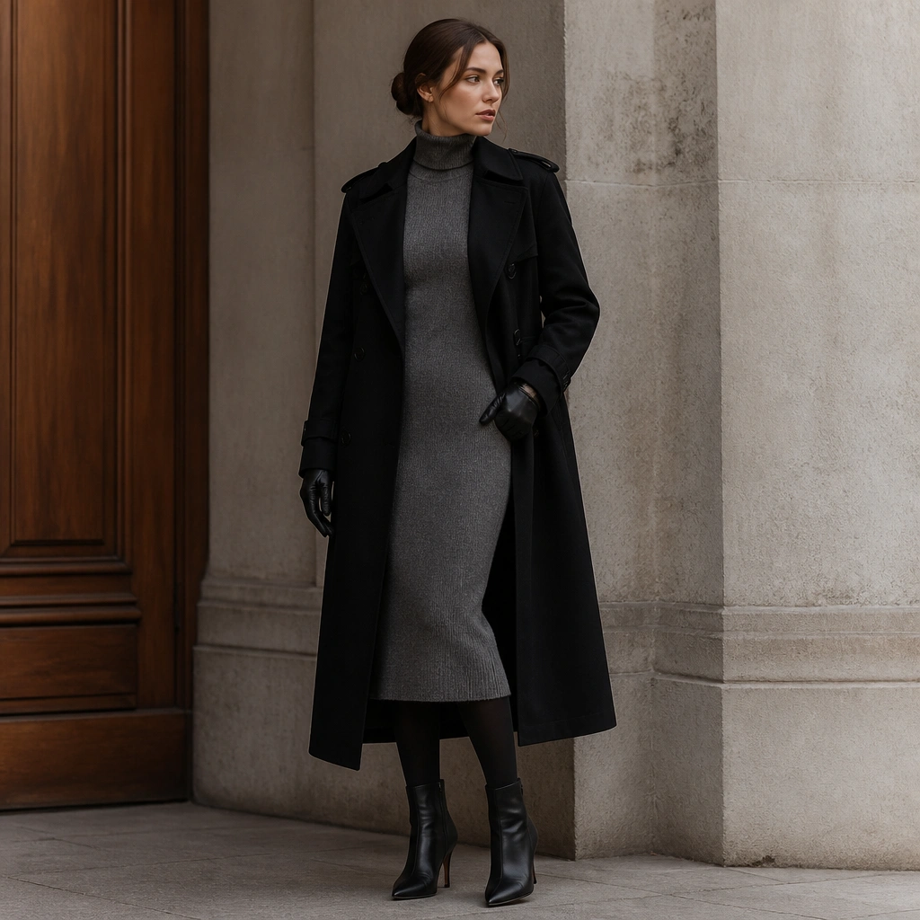 A long black trench coat worn over a gray wool turtleneck dress, with black leather gloves, opaque tights, and black heeled boots.