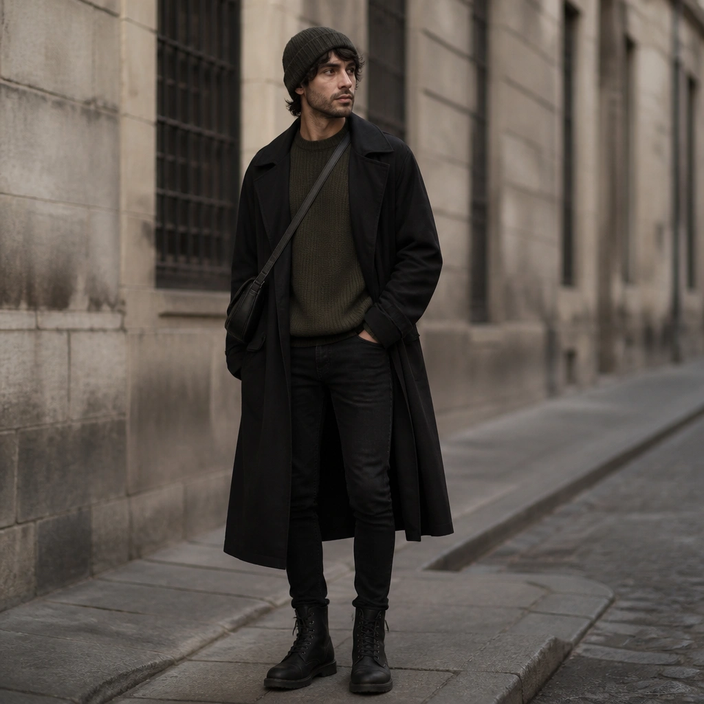 A long black trench coat over an olive knit sweater, black slim jeans, and dark combat boots; a crossbody bag and a neutral beanie.