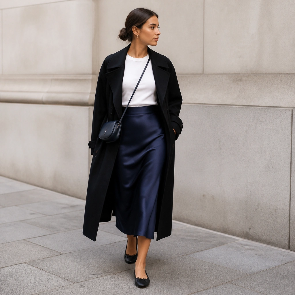 A long black trench coat over a white fitted tee tucked into a navy satin midi skirt, with ballet flats and a small navy crossbody bag.