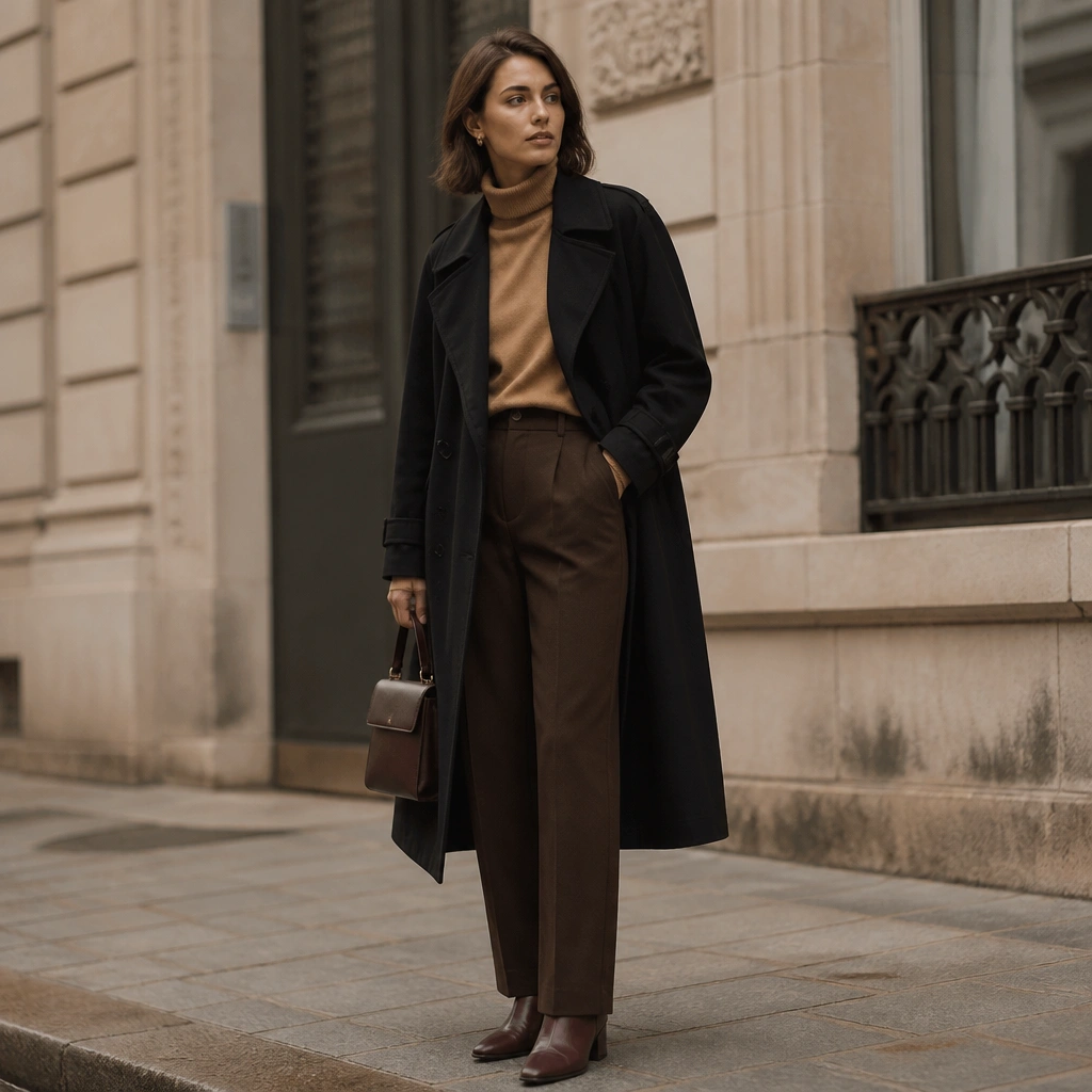 A long black trench coat worn over a camel turtleneck and dark brown straight pants, with brown leather boots and a small structured satchel.