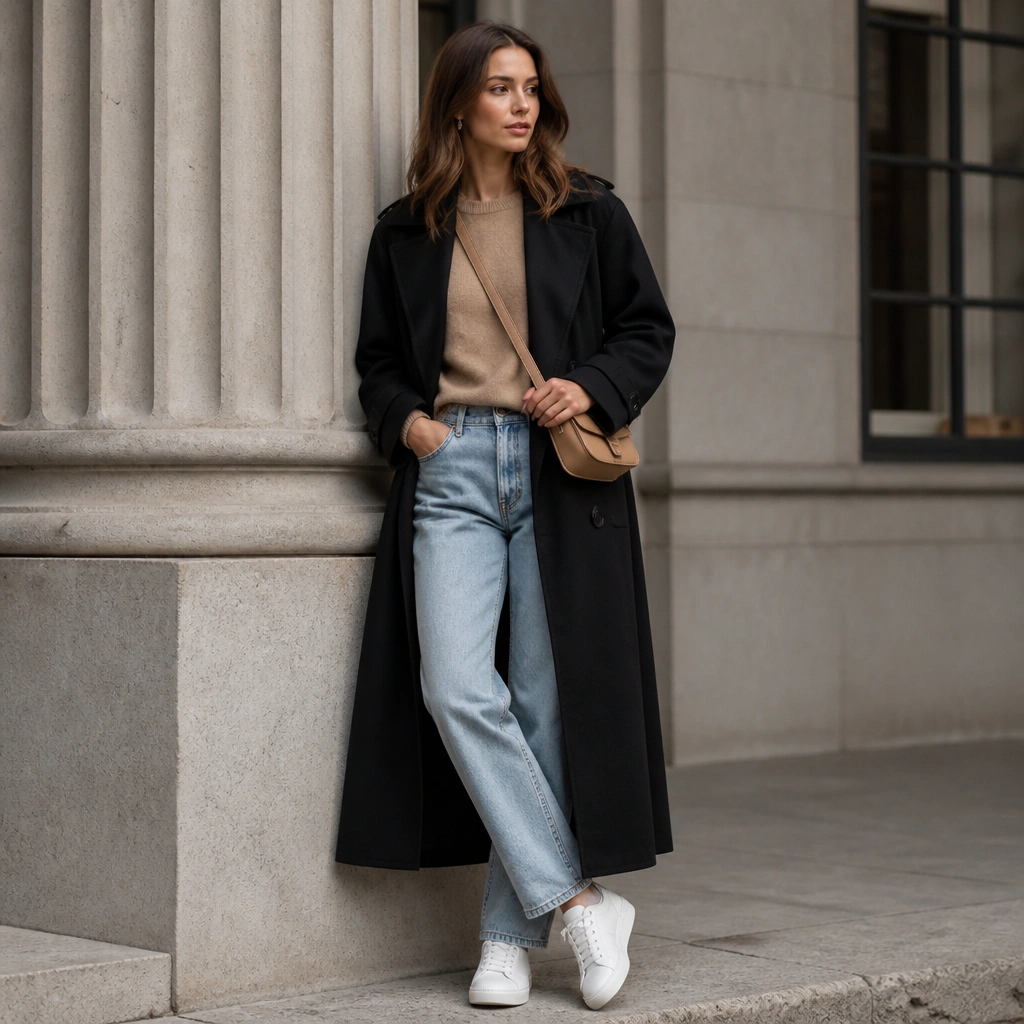 A long black trench coat over a tan sweater with light blue straight denim, styled with clean white sneakers and a tan crossbody bag.