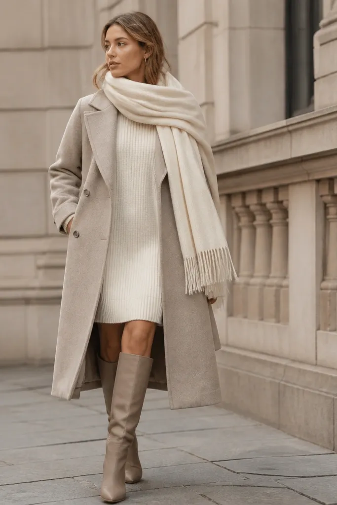 A stone-colored long trench coat worn over a cream knit sweater dress. The dress falls to just above the knee, and the model wears sleek knee-high boots in taupe. The look is finished with a wide scarf in matching cream.