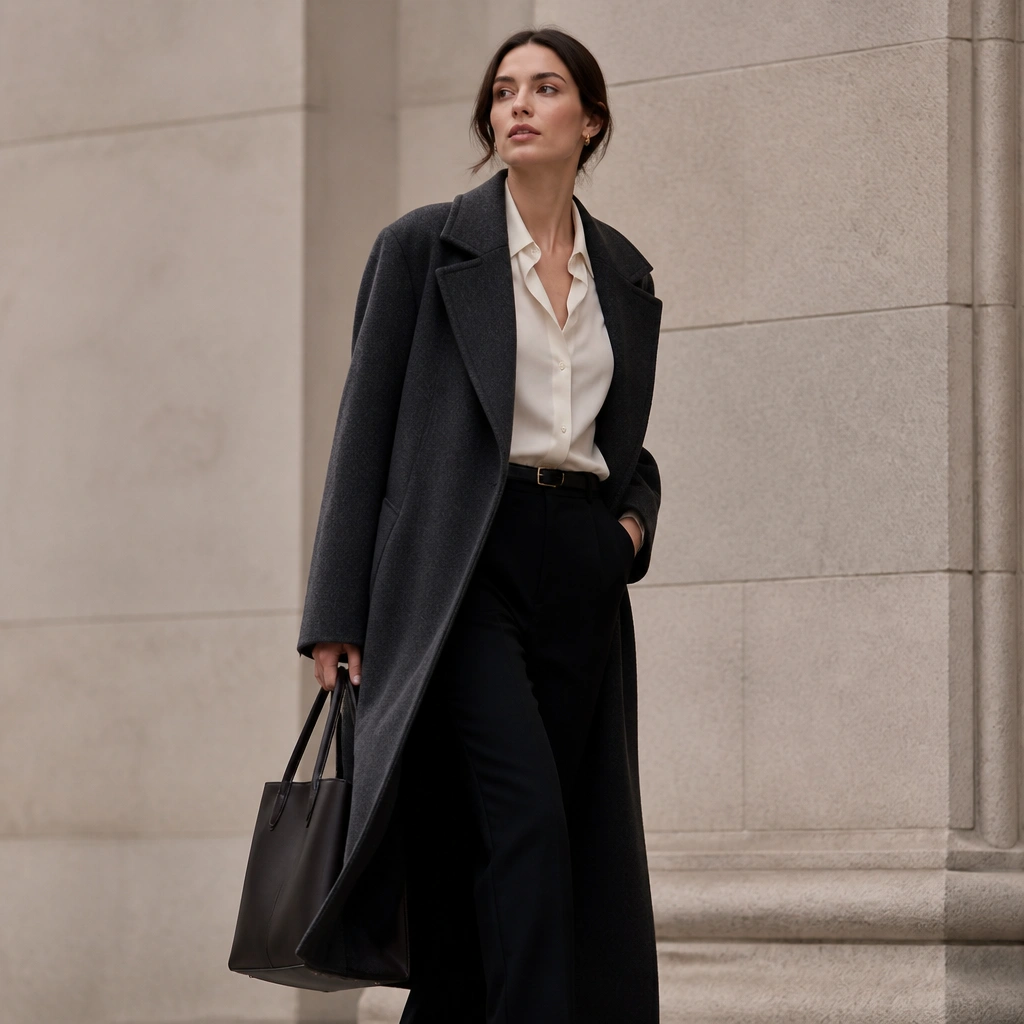 A charcoal long trench coat layered over an off-white button-down shirt worn partially tucked into slim black trousers. The model has a simple leather belt, minimal gold studs, and a structured tote.