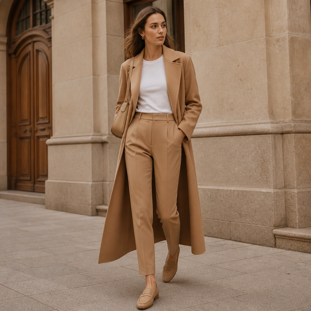 A camel long trench coat over a fitted white crew-neck tee, paired with tapered camel pants. The model wears tan loafers and carries a medium beige shoulder bag. Everything is in the same warm family of tones.