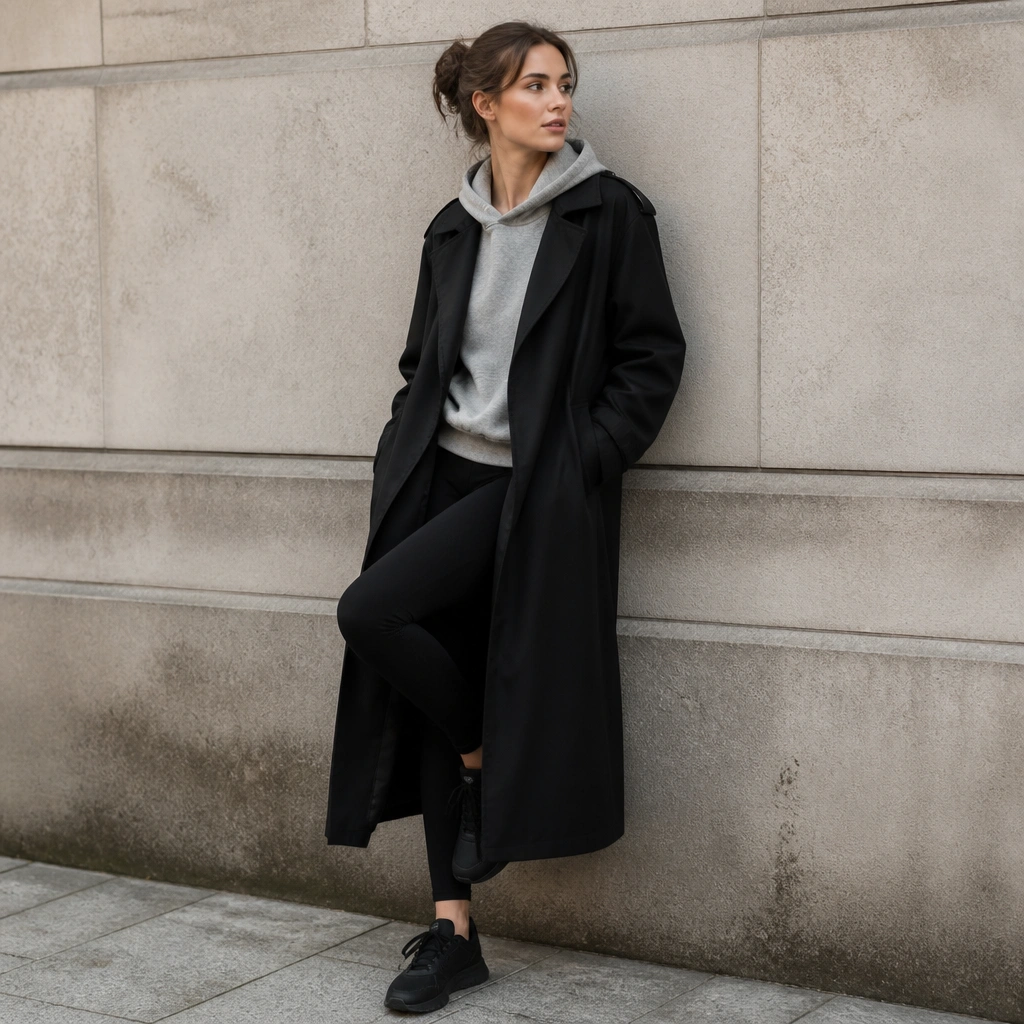 A black long trench coat worn over a gray heather hoodie. The model pairs it with straight-leg black leggings and sleek black sneakers. A hood peeks out slightly behind the coat collar.