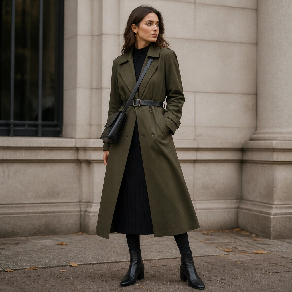 An olive long trench coat over a black ribbed knit midi skirt. The model wears ribbed black tights and black ankle boots. A thin belt defines the waist; a simple crossbody bag and small hoop earrings complete the look.