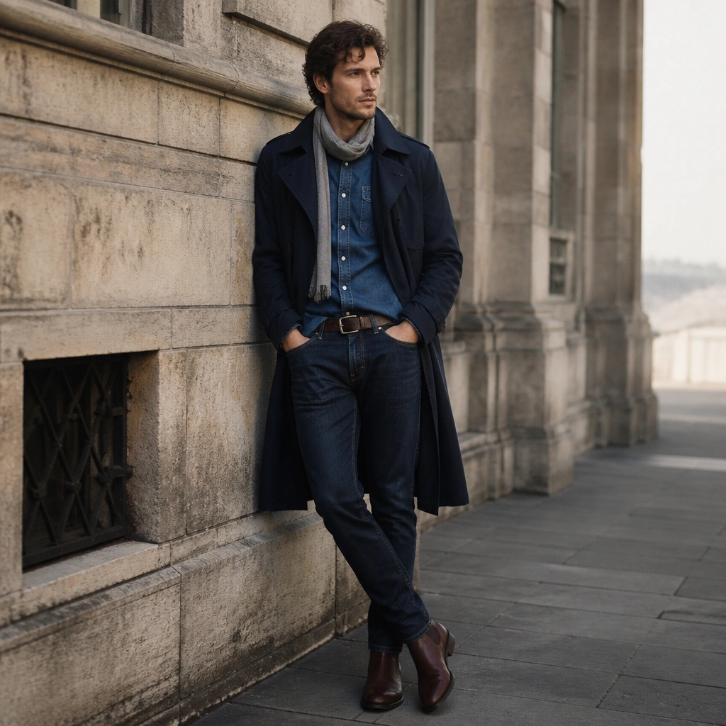 A navy long trench coat layered over a blue denim overshirt and dark wash jeans. The model wears a simple belt, a light scarf in muted gray, and brown leather boots.