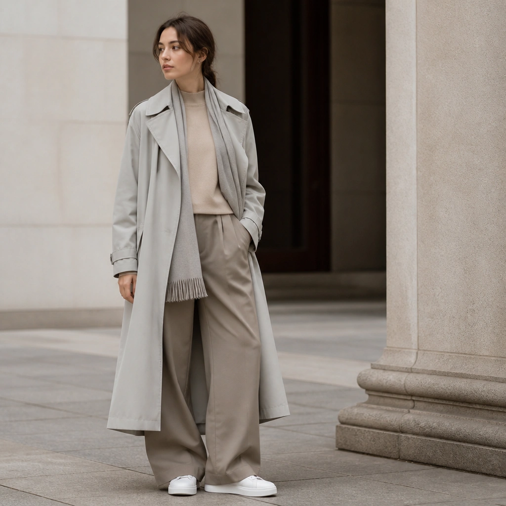 A light gray long trench coat worn over a beige mock-neck sweater. The model pairs it with wide-leg taupe trousers and minimalist white sneakers. A soft scarf drapes at the neck.