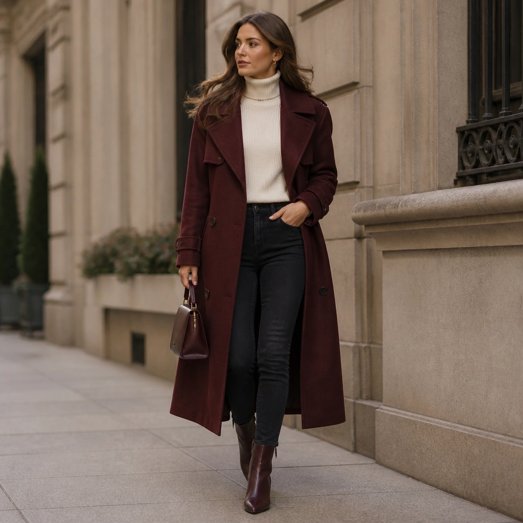A burgundy long trench coat over a cream turtleneck. The model wears dark skinny jeans and burgundy-leaning ankle boots. A small structured bag and minimal earrings keep it polished.