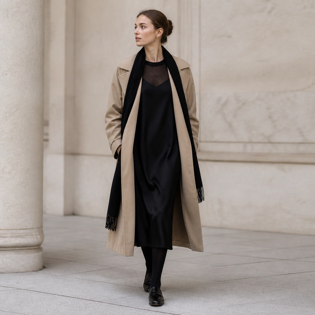 A sand long trench coat worn open over a black slip dress. Under the dress, you can see a thin black thermal layer at the neckline. The model wears black tights and minimalist black loafers, with a long scarf hanging down.