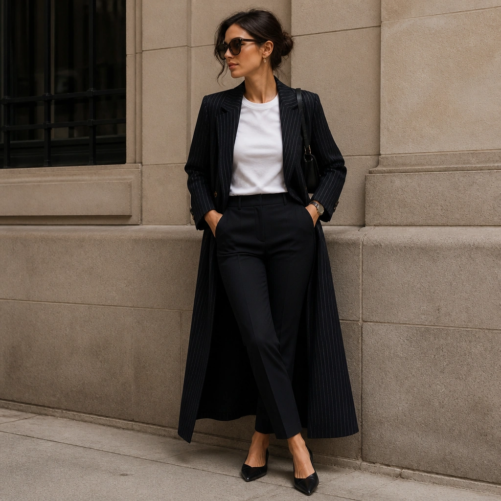 A pinstripe long trench coat worn over a fitted white crew tee. The model pairs it with black cigarette pants and black pointed-toe flats. A watch and small shoulder bag finish the look.