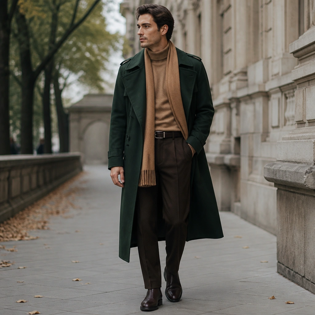 A forest-green long trench coat over a camel turtleneck sweater. The model wears chocolate-brown trousers and dark leather boots. The belt is visible, and the scarf is a matching camel shade.
