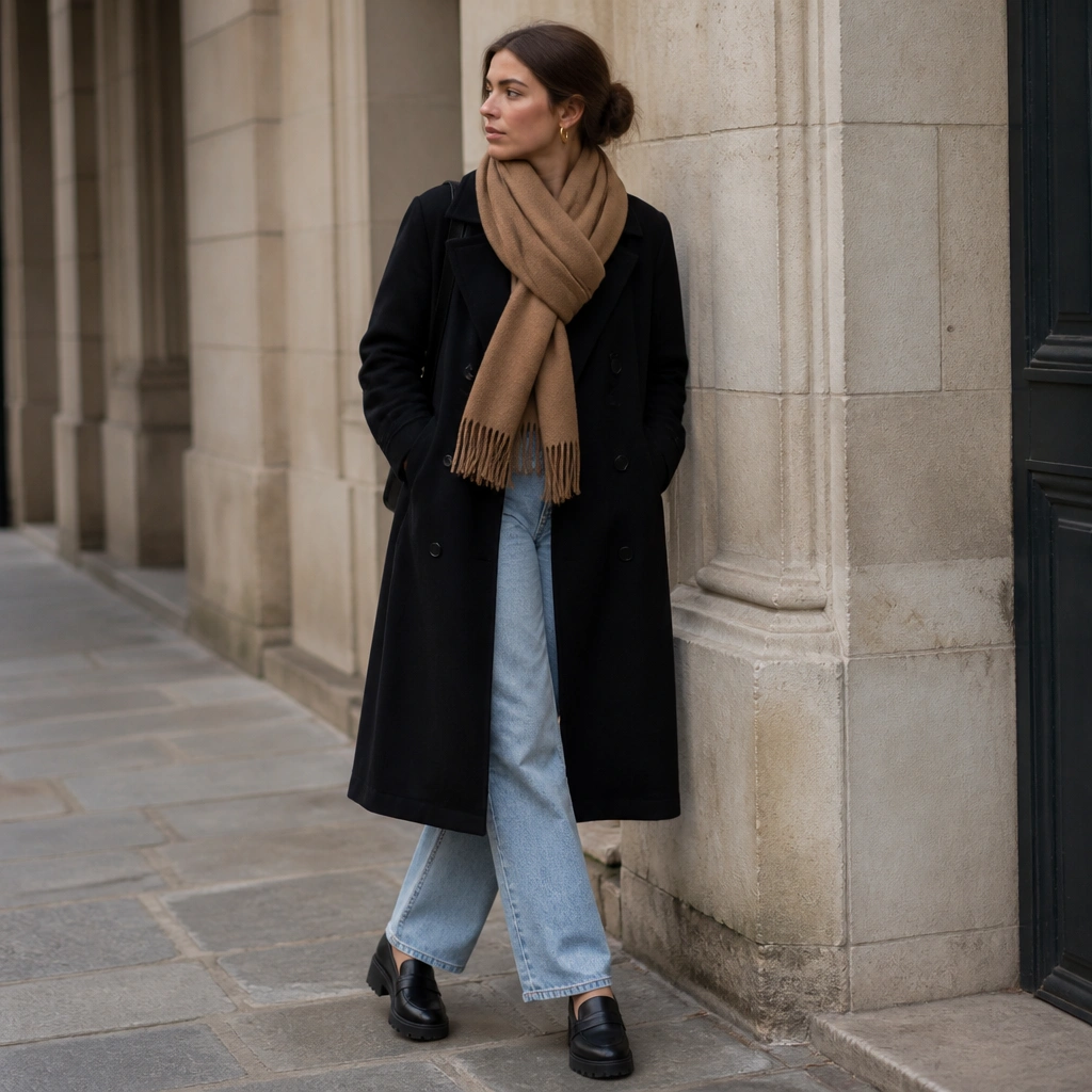 Black long trench coat with a large camel scarf layered at the neck, light wash blue jeans, and chunky black loafers; subtle gold hoop earrings.