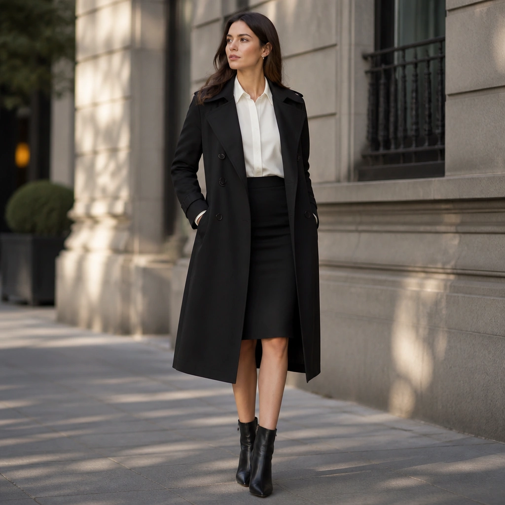 Black long trench coat layered over a crisp white button-down, a black pencil skirt, and pointed-toe ankle boots; one hand in a coat pocket, structured posture.