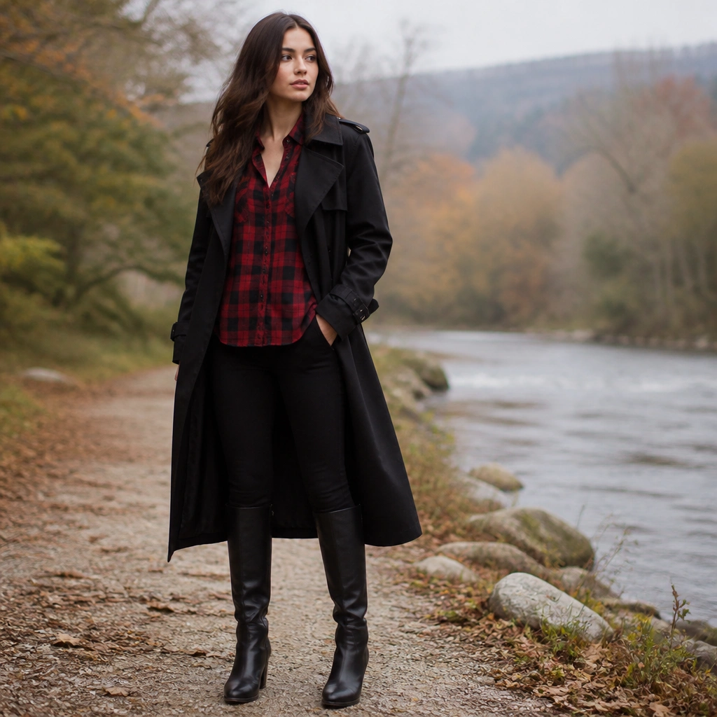 Black long trench coat worn over a red-and-black plaid flannel shirt, black leggings, and knee-high boots; relaxed, slightly open coat front.