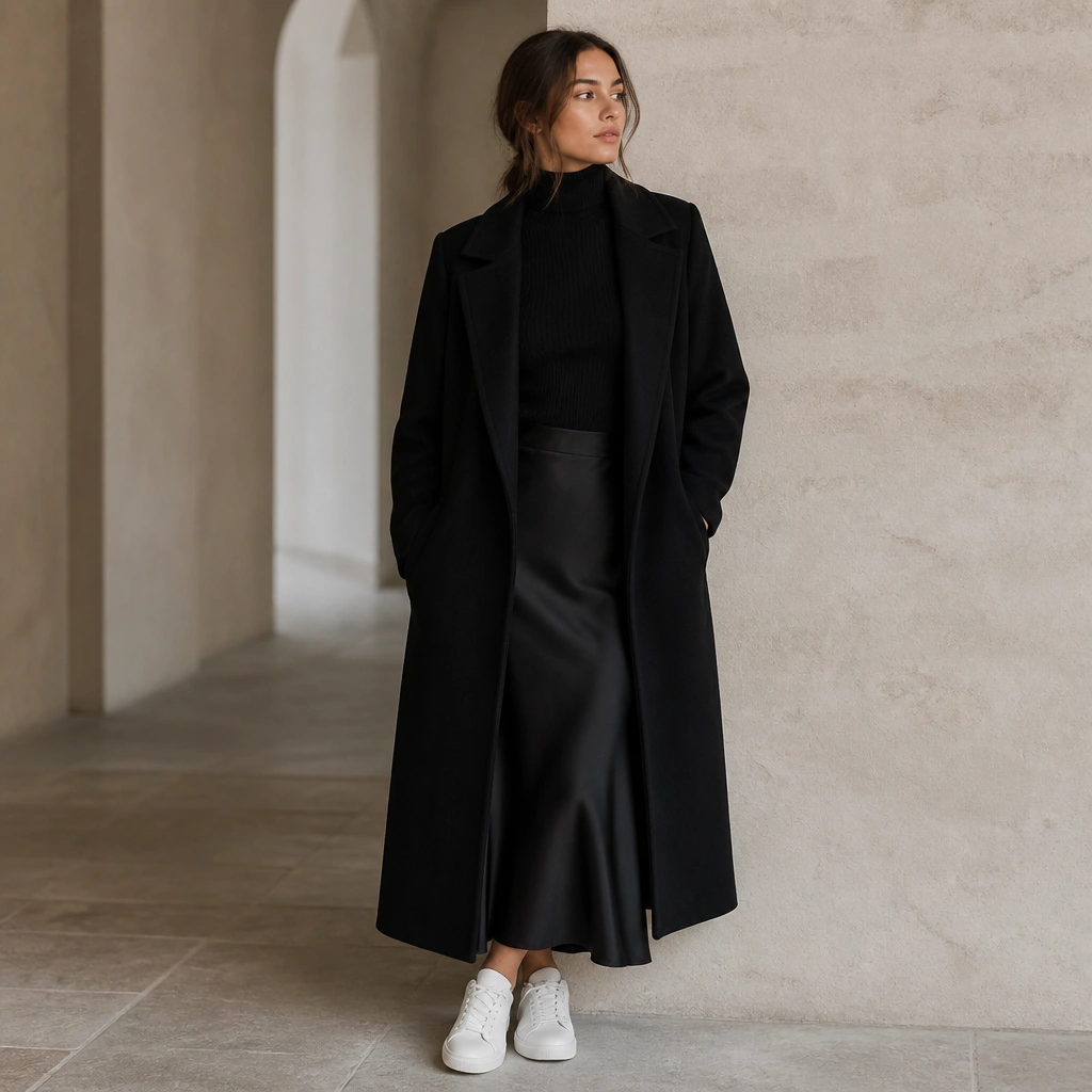 Black long trench coat over a fitted knit turtleneck, a black satin slip skirt peeking below the coat, and clean white sneakers; soft lighting and glossy skirt texture visible.