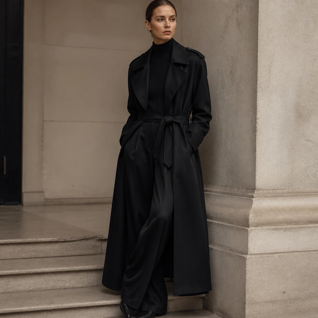 Black long trench coat over a ribbed black sweater and wide-leg black trousers; minimal accessories; the coat belt tied neatly at the waist.