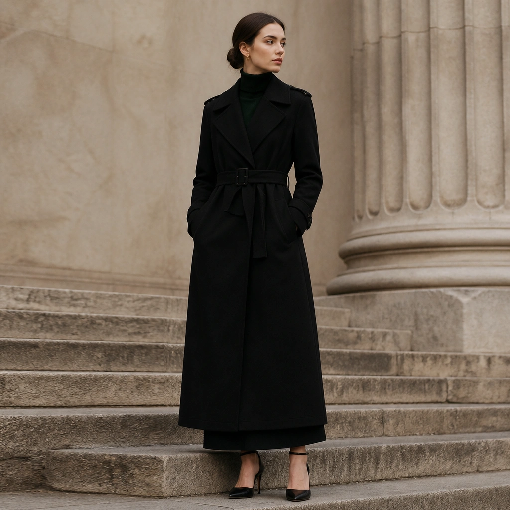 Black long trench coat over a deep green turtleneck, black maxi skirt, and black ankle-strap heels; coat hem covers most of the skirt with a clean silhouette.