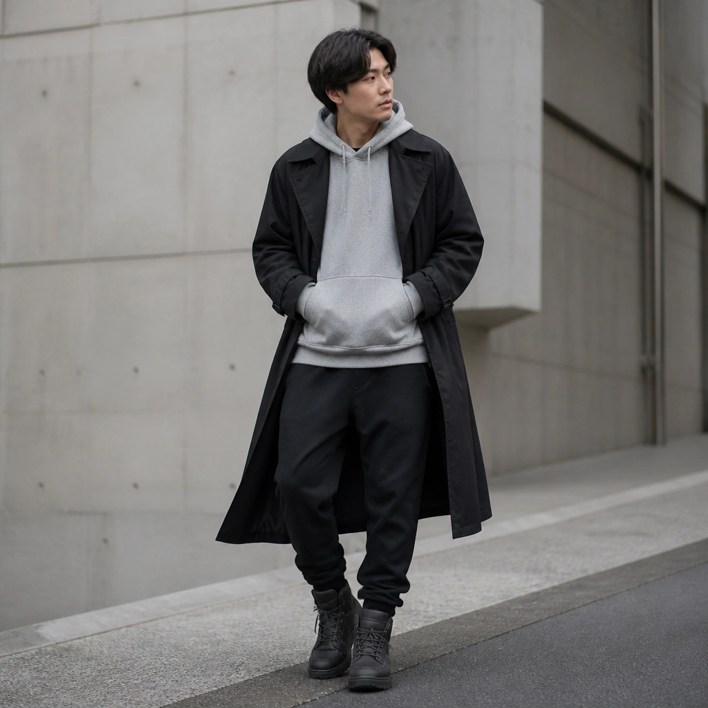 Black long trench coat worn open over a heather gray hoodie, black joggers, and insulated boots; casual street style vibe, hands in hoodie pocket area.
