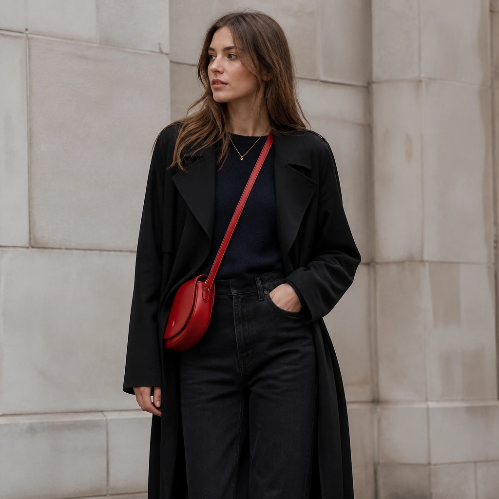 Black long trench coat over a navy sweater, black denim jeans, and a bright red crossbody bag worn across the body; understated gold necklace.