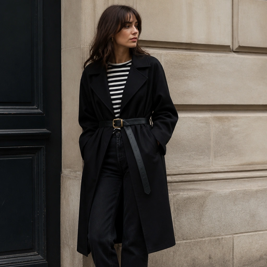 Black long trench coat over a black-and-white striped Breton top, black straight jeans, and a visible leather belt cinching the coat; casual chic stance.