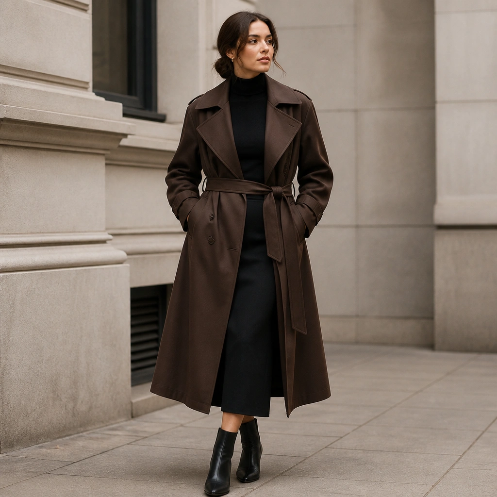 A chocolate-brown trench coat cinched at the waist over a fitted black turtleneck and a black midi skirt; black ankle boots complete the look.