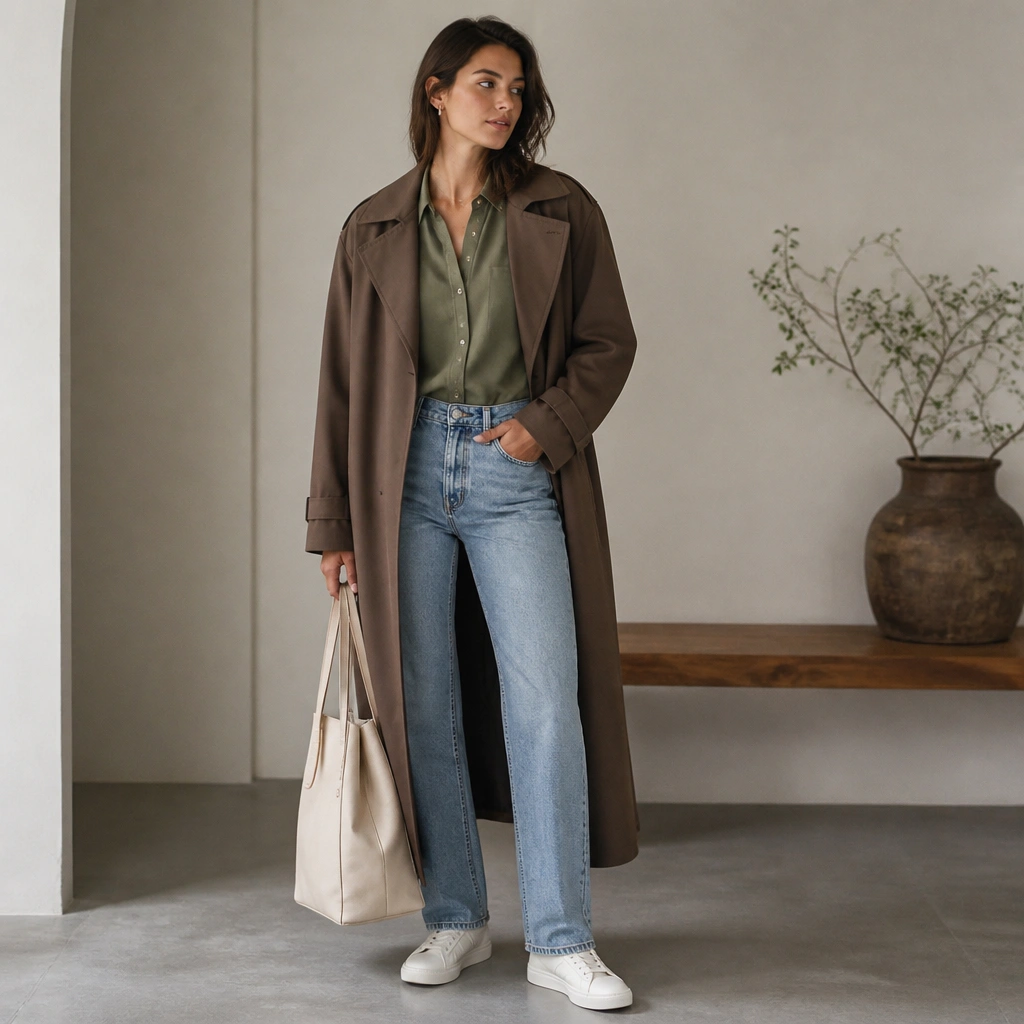 Model wears an olive green button-down tucked into light wash straight jeans, layered with a long brown trench coat; white low-top sneakers and a minimal tote are shown.
