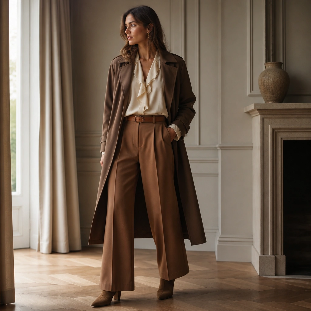 A cream blouse with soft ruffles sits under a long brown trench coat; cognac wide-leg trousers and a small suede belt are shown with heeled ankle boots.
