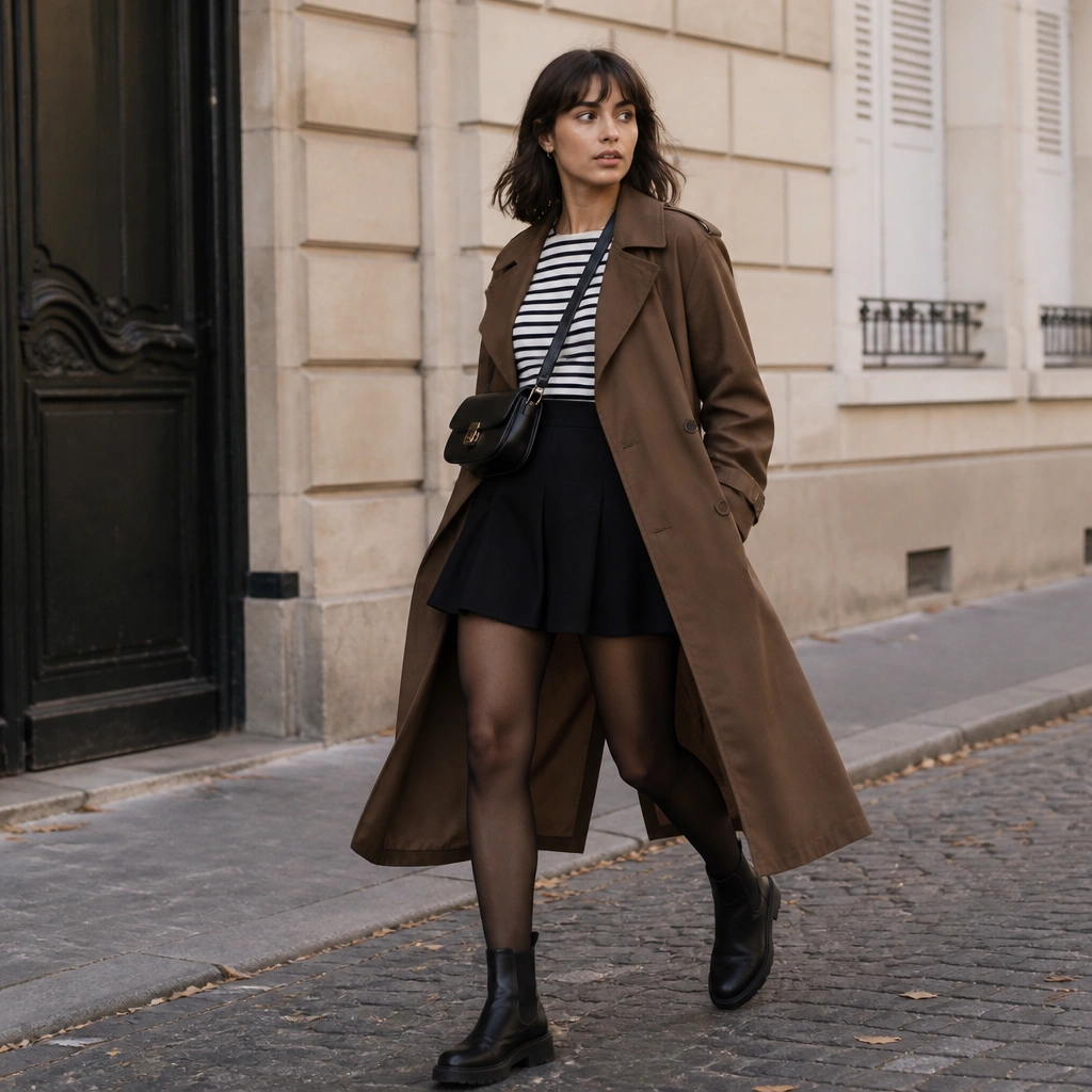 Model wears a navy-and-cream striped Breton top, black skater skirt, and black Chelsea boots under a long brown trench coat; a crossbody bag sits at waist height.