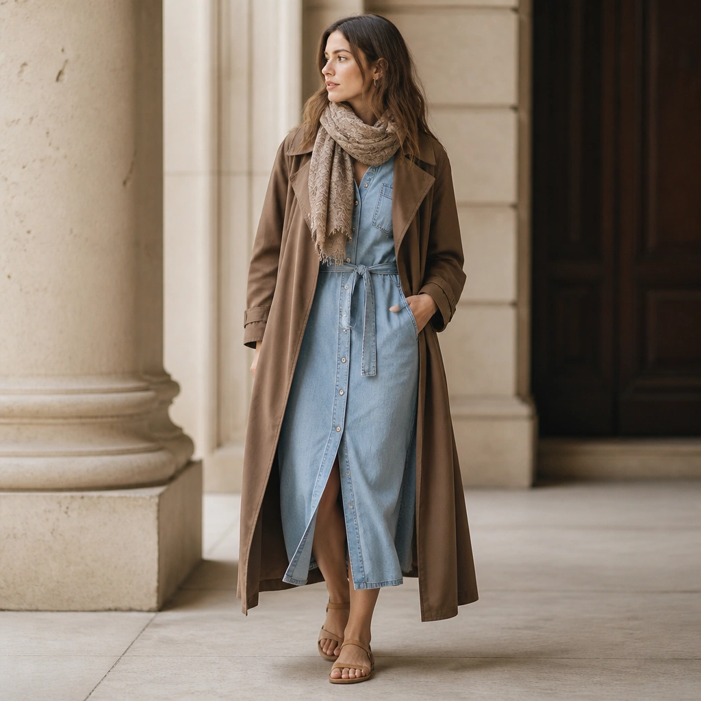 A light denim shirt dress is layered with a long brown trench coat; a tan patterned scarf is wrapped around the neck and tan sandals are shown.
