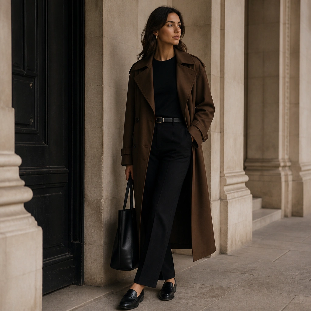 Model wears an all-black fitted top and black straight trousers under a long brown trench coat; black loafers and a sleek black tote are visible.