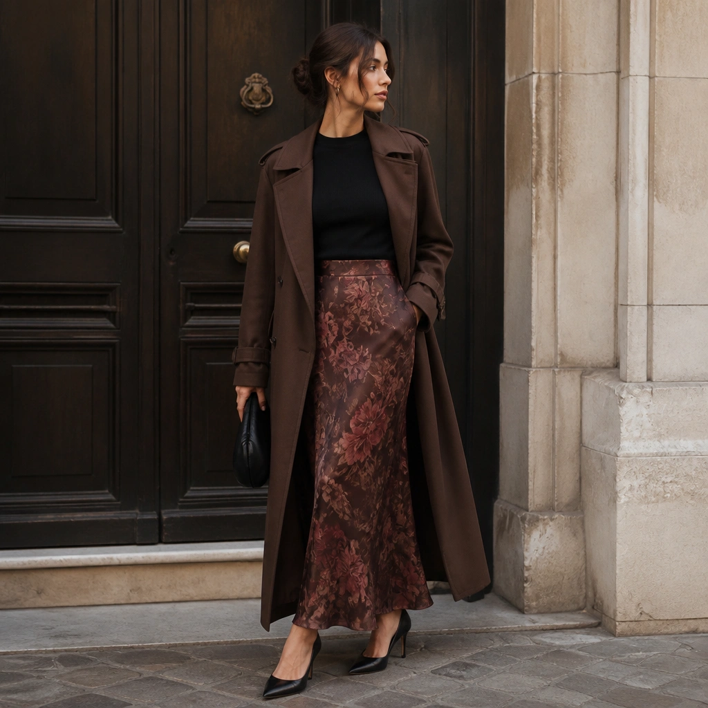 A floral satin slip skirt in deep browns and burgundy is layered with a solid black top and long brown trench coat; black pointed heels and a small clutch are shown.