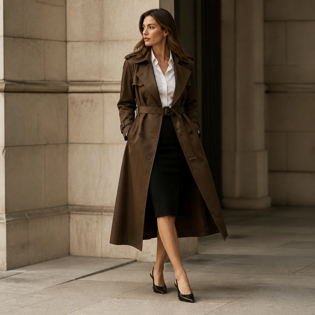 A crisp white poplin blouse with a slight collar is worn with a black pencil skirt and slingback heels; the long brown trench coat is buttoned and styled with a slim belt.