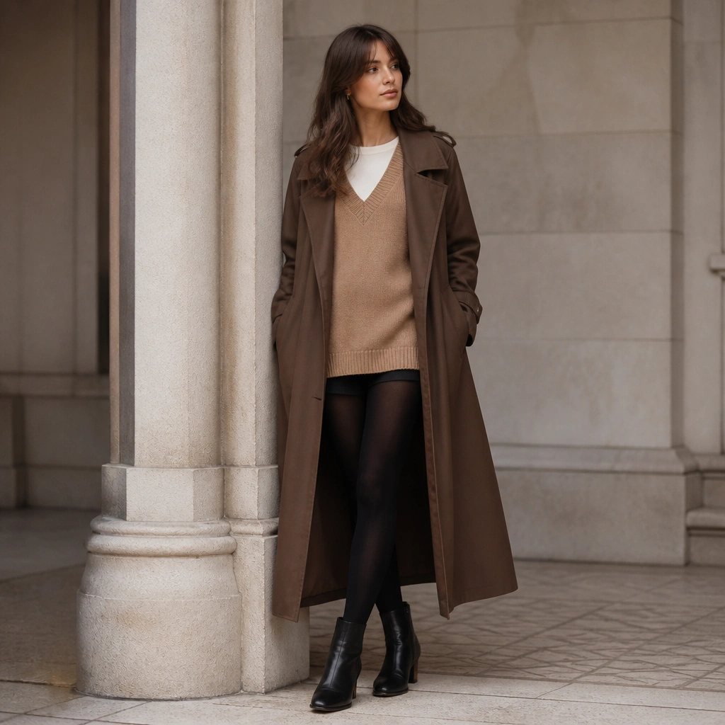 A camel sweater vest layered over a light top with black tights underneath a long brown trench coat; black ankle boots are shown.