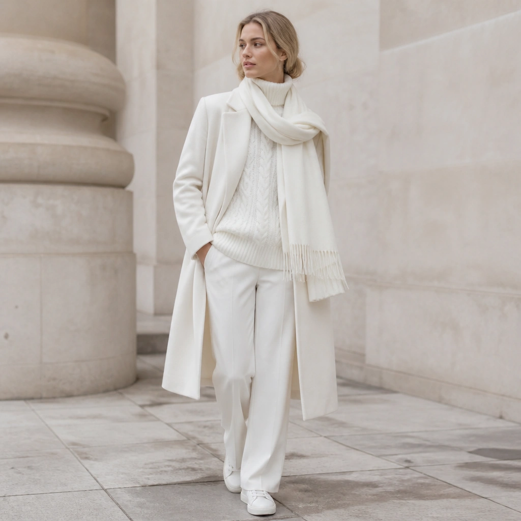 A model wearing a long white coat over a white cable-knit turtleneck and white straight-leg trousers, with white sneakers and a soft white scarf.