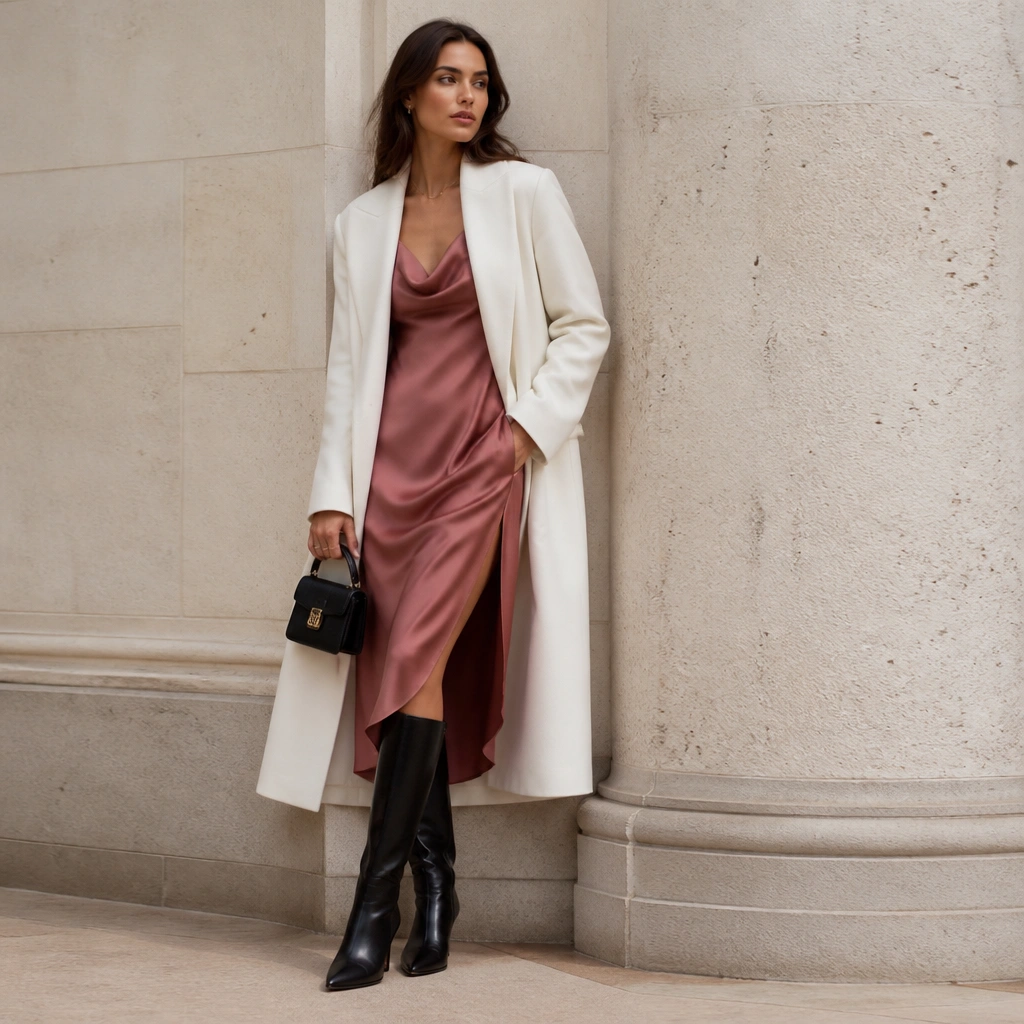 A satin slip dress in dusty rose underneath a long white coat, styled with knee-high black boots and a structured mini bag.