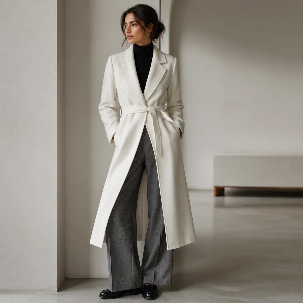 A long white coat belted at the waist over a black turtleneck, paired with grey wide-leg trousers and black leather loafers.