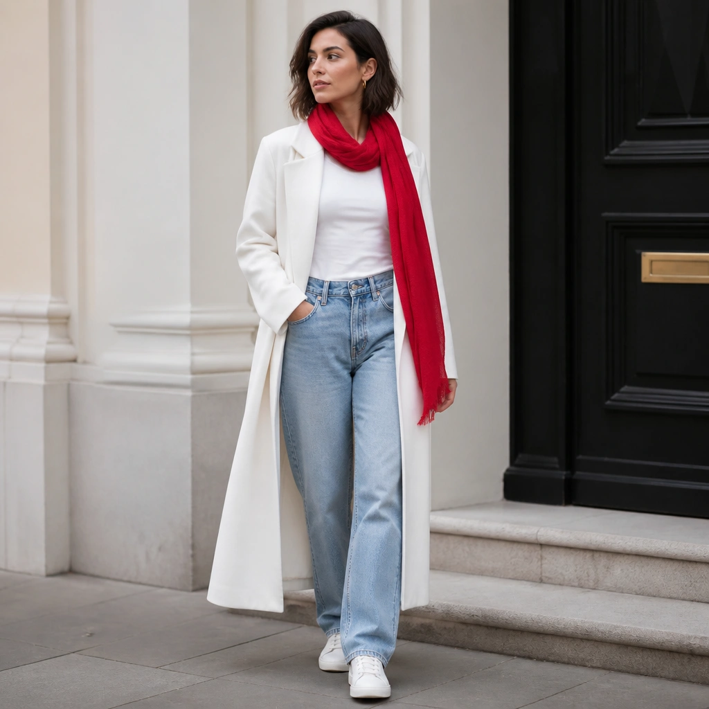 A long white coat worn over light blue jeans and a fitted white tee, finished with a bright red scarf, white sneakers, and small gold hoop earrings.