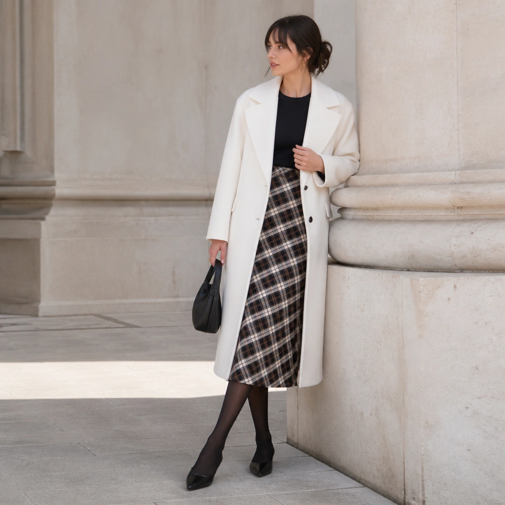 A long white coat over a plaid midi skirt (black, white, and muted brown tones), paired with sheer-to-opaque tights and pointed-toe flats.