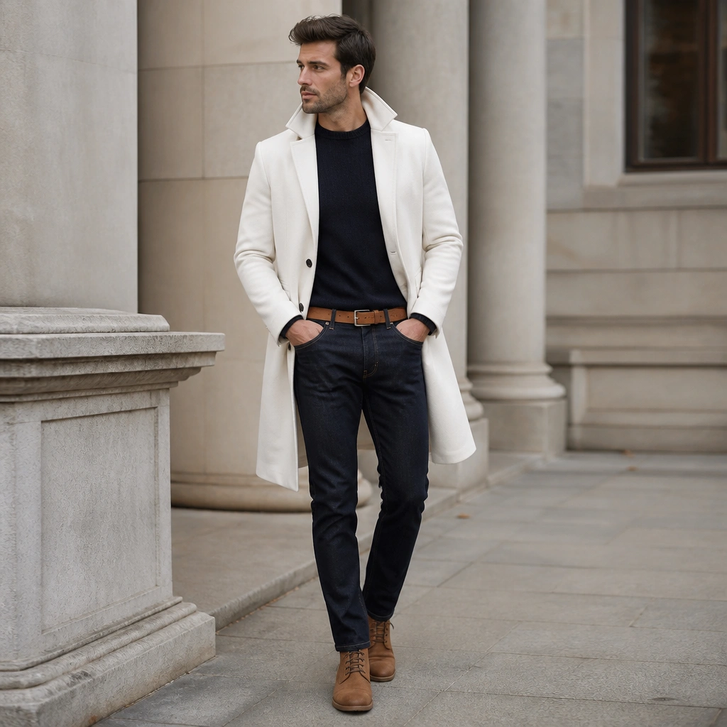 A long white coat worn over a navy crewneck sweater, with dark jeans, a tan belt, and tan lace-up boots; the collar is slightly turned up.