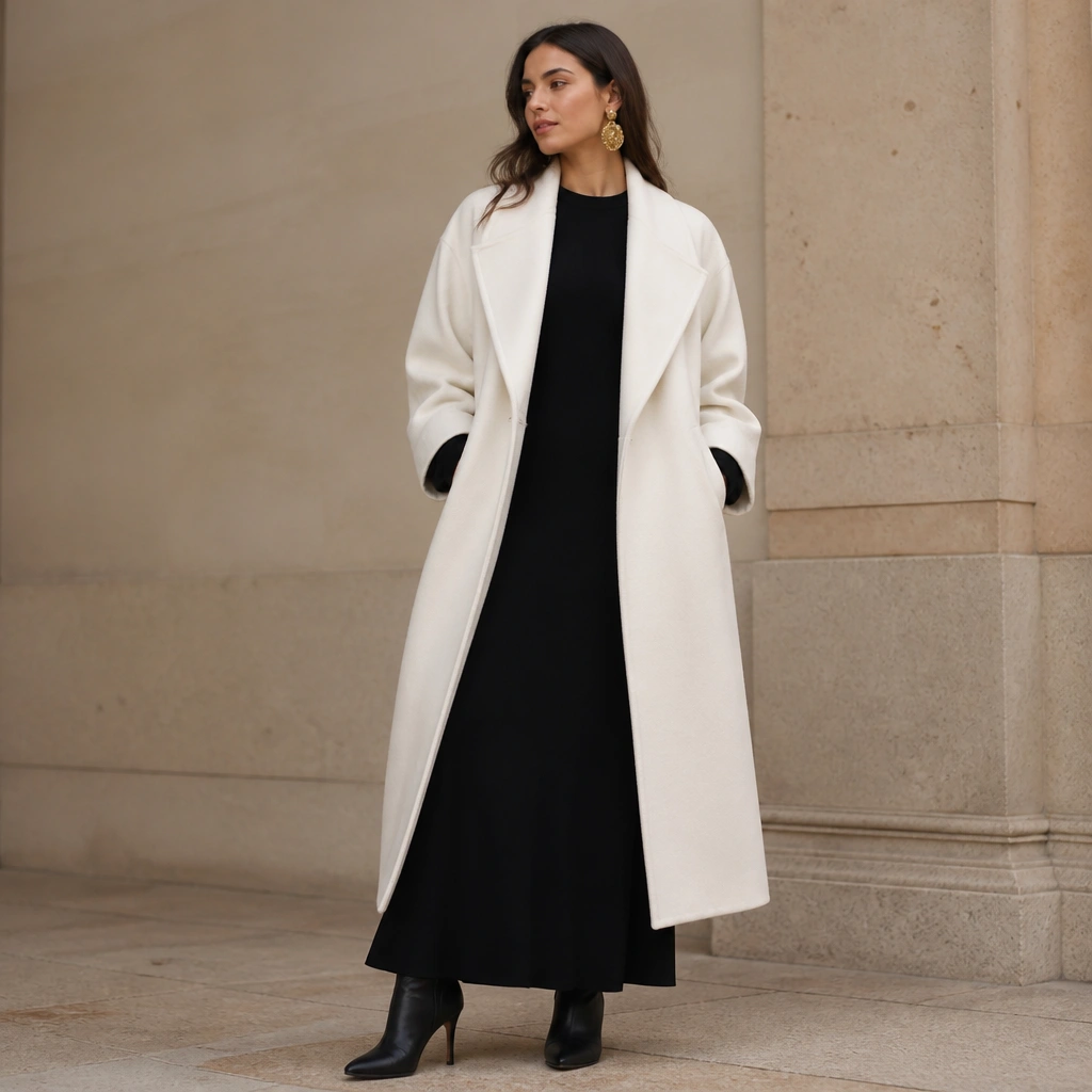 A model wearing a long white coat over a black maxi dress with long sleeves, plus oversized gold statement earrings and heeled ankle boots.