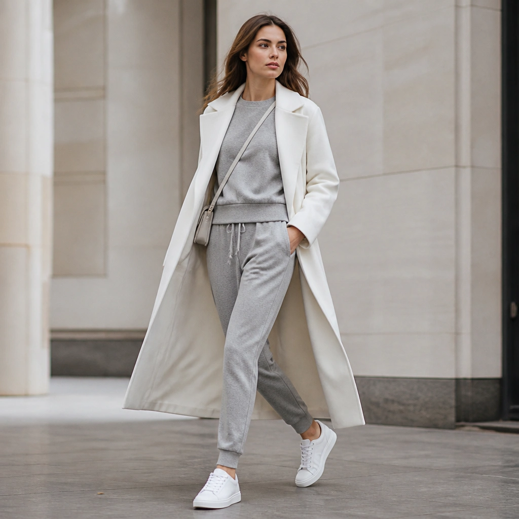 A long white coat worn over a monochrome grey athleisure set, with white sneakers and a minimal sling bag; the coat is left open for movement.